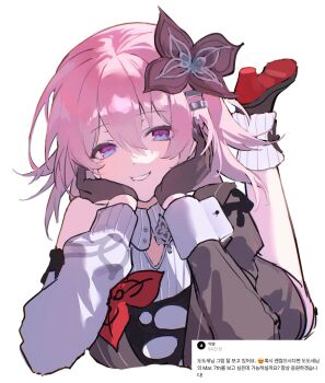 1girl black_flower dodosaae dual_persona evernight_(honkai:_star_rail) flower hair_flower hair_ornament highres honkai:_star_rail honkai_(series) korean_text march_7th_(honkai:_star_rail) multicolored_eyes pink_hair simple_background solo translation_request two-tone_eyes white_background