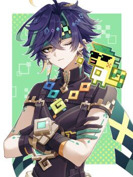 1boy absurdres ahoge ajaw_(genshin_impact) arm_tattoo black_gloves black_hair black_shirt blonde_hair closed_mouth commentary crossed_arms crossed_bangs earrings english_commentary genshin_impact gloves green_eyes green_gloves green_hair green_headband hair_between_eyes headband highres jewelry kinich_(genshin_impact) male_focus mochiii-s multicolored_eyes multicolored_gloves multicolored_hair neck_tattoo one_eye_closed shirt short_hair short_sleeves spiked_ear_piercing streaked_hair tattoo two-tone_eyes upper_body yellow_eyes zipper zipper_pull_tab