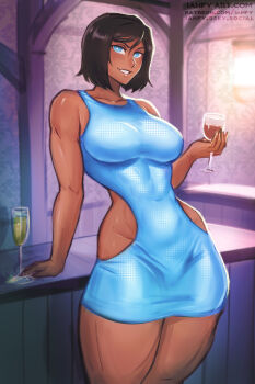 absurdres artist_name avatar_legends blue_dress blue_eyes bluesky_username breasts brown_hair commentary covered_navel cup dress drinking_glass english_commentary hair_between_eyes highres holding holding_cup iahfy indoors korra looking_at_viewer medium_breasts patreon_username short_hair sleeveless smile teeth the_legend_of_korra watermark wine_glass