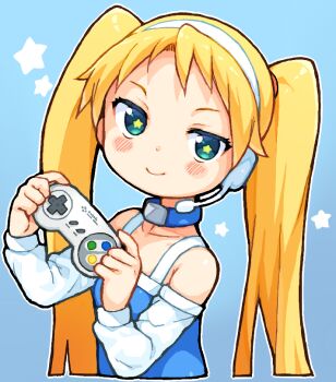 1girl bachera bare_shoulders blonde_hair blue_background blue_choker blue_dress blue_eyes blush breasts choker closed_mouth collarbone commentary_request controller cropped_torso detached_sleeves dress game_controller hairband headset holding holding_controller holding_game_controller long_hair long_sleeves looking_at_viewer microphone outline parted_bangs rta-chan rta_in_japan short_bangs simple_background sleeveless sleeveless_dress small_breasts smile solo star-shaped_pupils star_(symbol) super_famicom_gamepad symbol-shaped_pupils twintails very_long_hair white_hairband white_outline white_sleeves