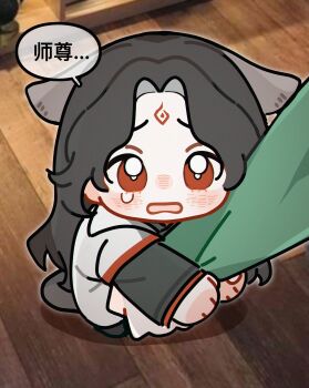 Rule 34 | 2boys, animal ears, arm hug, black hair, black hanfu, blush, chibi, chinese clothes, chinese text, coat, collared coat, curtained hair, dog boy, dog ears, dog tail, from above, hanfu, hashtag-only commentary, highres, layered sleeves, long hair, long sleeves, looking at viewer, luo binghe, male focus, multiple boys, nose blush, open mouth, out of frame, parted bangs, peanut mouth, photo background, pleading eyes, pov, pov hands, raised eyebrows, red eyes, renzha fanpai zijiu xitong, shadow, shen qingqiu, speech bubble, tail, tearing up, white coat, wooden floor, zorenbigmalo, zuiyin