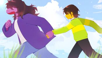 Rule 34 | 1girl, 1other, absurdres, black pants, blue pants, blue sky, brown hair, cloud, colored skin, commentary, deltarune, fang, firemauer, grass, hashtag-only commentary, highres, holding hands, jacket, kris (deltarune), long hair, open mouth, pants, purple jacket, purple skin, reptile girl, running, shirt, short hair, single horizontal stripe, skin fang, sky, striped clothes, striped sweater, susie (deltarune), sweater, thumbnail collage, utdr (toby fox), white shirt, yellow skin