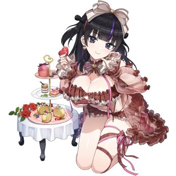 Rule 34 | 1girl, black eyes, black hair, bow, bow-shaped hair, breasts, brown dress, cake, cake stand, cleavage, closed mouth, dolphin wave, dress, earrings, flower, food, fruit, full body, game cg, hair bow, hand on own cheek, hand on own face, hanihara haru, heart, heart earrings, high heels, highres, jewelry, kneeling, layer cake, leaning forward, leg ribbon, long hair, looking at viewer, multicolored hair, non-web source, official art, ootomo takuji, pink ribbon, pink shoes, purple streaks, revealing clothes, ribbon, rose, see-through clothes, see-through dress, shoes, simple background, skindentation, smile, solo, strawberry, streaked hair, swiss roll, thigh ribbon, tiered tray, transparent background, two side up, white bow