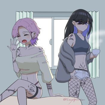2girls arm_tattoo barbell_piercing black_hair blue_hair cardigan closed_eyes closed_mouth colored_inner_hair commentary_request cup curtains ear_piercing erwxpression fishnet_pantyhose fishnets grey_cardigan grey_sports_bra hickey highres holding holding_cup indoors industrial_piercing jewelry leg_tattoo morning multicolored_hair multiple_girls navel_piercing neck_tattoo off-shoulder_shirt off_shoulder open_mouth original pantyhose piercing pink_hair purple_eyes ring shirt shorts sitting sports_bra standing stomach_tattoo tattoo teacup thigh_strap tongue_piercing twitter_username waking_up white_shorts window yawning yellow_shirt yuri