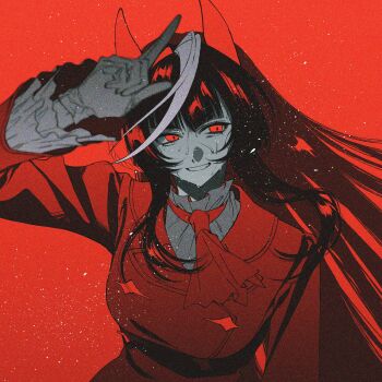 Rule 34 | 1girl, animal ears, arm up, ascot, black hair, blurry, breasts, buttons, calstone light o (umamusume), coat, depth of field, double-breasted, ear covers, floating hair, gloves, grin, highres, horse ears, index finger raised, limited palette, long hair, long sleeves, medium breasts, multicolored hair, ni kogori, red ascot, red eyes, red theme, shirt, smile, solo, streaked hair, sweat, umamusume, upper body, white gloves