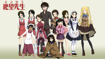 Rule 34 | 1boy, 6+girls, ahoge, alternate costume, alternate legwear, animal ears, apron, araragi koyomi, araragi koyomi (cosplay), bad id, bad pixiv id, bakemonogatari, bandage over one eye, bandages, bare shoulders, black hair, black legwear, blanket, blonde hair, blouse, blunt bangs, bow, braid, cast, cat ears, cellphone, clothes lift, collared shirt, company connection, cosplay, crutch, dance in the vampire bund, dark skin, dorm leader, dorm leader (cosplay), enmaided, everyone, fujiyoshi harumi, fuura kafuka, glasses, gotou yuuko, hair between eyes, hair ornament, hairclip, hat, hidamari sketch, highres, hiro (hidamari sketch), hiro (hidamari sketch) (cosplay), hitou nami, itoshiki nozomu, kamiya hiroshi, kimura kaere, kitsu chiri, kobayashi yuu, kobushi abiru, komori kiri, kouchou, lineup, long hair, mahou shoujo madoka magica, mahou shoujo madoka magica (anime), maid, maid apron, maria holic, matsuki miyu, miniskirt, miyamae kanako, miyamae kanako (cosplay), mob cap, monogatari (series), multiple girls, nero (dance in the vampire bund), nero (dance in the vampire bund) (cosplay), nonaka ai, otonashi meru, own hands together, pantyhose, parody, parted bangs, parted hair, phone, pink shirt, pink slippers, sae (hidamari sketch), sae (hidamari sketch) (cosplay), saitou chiwa, sakura kyoko, sakura kyoko (cosplay), sakura kyoko (magical girl), sanada asami, sawashiro miyuki, sayonara zetsubou sensei, school uniform, sekiutsu maria tarou, senjougahara hitagi, senjougahara hitagi (cosplay), shaft (company), shidou mariya, shidou mariya (cosplay), shinouji matsurika, shinouji matsurika (cosplay), shintani ryouko, shirt, short hair, simple background, skirt, skirt hold, skirt lift, slippers, standing, standing on one leg, swept bangs, tanii asuka, thighhighs, tsunetsuki matoi, twin braids, twintails, two side up, voice actor connection, white legwear, white shirt, yoshinoya (hidamari sketch), yoshinoya (hidamari sketch) (cosplay)