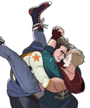 2boys arms_up blonde_hair blue_eyes blue_jacket blue_pants boots carrying carrying_person denim ed_(street_fighter) eye_contact forked_eyebrows hexermer highres hood hood_down hooded_jacket jacket jeans jewelry lace-up_boots looking_at_another luke_sullivan male_focus multiple_boys necklace open_mouth own_hands_together pants print_shirt profile red_hood scar scar_across_eye scar_on_face shirt sleeveless sleeveless_jacket star_(symbol) street_fighter street_fighter_6 teeth two-sided_fabric two-sided_jacket upper_teeth_only white_background wide-eyed yaoi