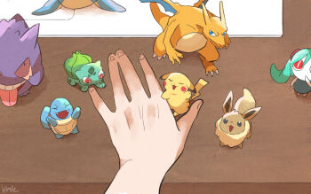 1girl aimaina ban_(ban62460424) bulbasaur charizard claws closed_eyes commentary_request computer eevee eyelid_pull fingernails gen_1_pokemon gengar hand_focus hand_on_table lapras laptop nintendo open_mouth out_of_frame pikachu pocket_no_monster_(vocaloid) pokemon pokemon_(creature) pov pov_hands red_eyes squirtle tongue tongue_out twintails undersized_pokemon