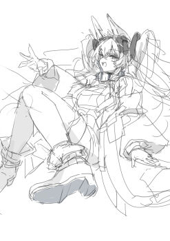 1girl :d absurdres angelina_(arknights) animal_ears arknights arknights:_endfield boots coat detached_sleeves dress fox_ears fox_girl gilberta_(arknights) greyscale headpiece high_collar highres impossible_clothes impossible_dress long_hair looking_at_viewer monochrome off_shoulder open_clothes open_coat open_mouth shoe_soles sketch smile solo twintails wide_sleeves yu-ves