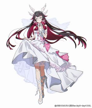 1girl black_hair blunt_ends closed_eyes columbina_(genshin_fes_2026)_(genshin_impact) columbina_(genshin_impact) dress eye_mask genshin_impact hair_between_eyes hair_ornament head_wings highres homura2414 long_hair mask multicolored_hair official_alternate_costume pink_hair smile solo two-tone_hair veil very_long_hair white_dress white_mask wings