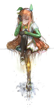 1girl absurdres advarcher animal_ears black_gloves black_pantyhose blunt_bangs bow closed_mouth covering_own_eyes crying disintegration ear_bow ear_covers flower gloves green_eyes green_sailor_collar green_sleeves hair_ornament hairband highres hime_cut horse_ears horse_girl injury long_hair long_sleeves looking_at_viewer orange_hair pantyhose pleated_skirt sailor_collar shirt silence_suzuka_(innocent_silence)_(umamusume) silence_suzuka_(umamusume) simple_background sitting skirt solo tears umamusume white_background white_hairband white_shirt white_skirt