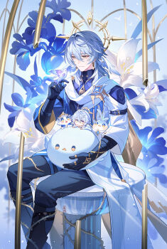 1boy absurdres bird black_gloves black_pants blue_shirt closed_mouth commentary_request earrings gloves grey_hair hair_between_eyes halo head_wings highres honkai:_star_rail honkai_(series) jewelry long_hair male_focus pants shirt solo sunday_(honkai:_star_rail) usagishi white_hair white_shirt wings yellow_eyes