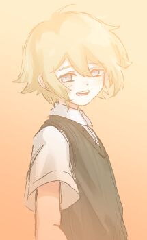 1boy basil_(faraway)_(omori) basil_(omori) blonde_hair blue_eyes collared_shirt double-parted_bangs green_sweater_vest highres imo_mo_0 looking_at_viewer male_focus omori open_mouth shirt short_hair short_sleeves sidelocks smile solo sweater_vest teeth tongue upper_teeth_only white_shirt