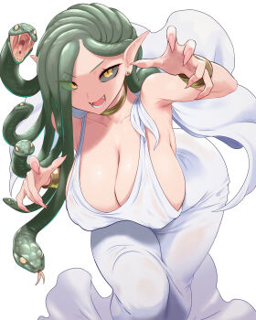 Rule 34 | 1girl, black sclera, bracelet, breasts, cleavage, collarbone, colored sclera, covered erect nipples, dress, earrings, eyes visible through hair, fangs, final fantasy, final fantasy mystic quest, fingernails, gold choker, green hair, hanging breasts, huge breasts, jewelry, kous (onetwojustice), leaning forward, long fingernails, long hair, looking at viewer, medusa (final fantasy mystic quest), no bra, open mouth, pink nails, pointy ears, sharp fingernails, simple background, slit pupils, smile, snake, snake hair, solo, white background, white dress, yellow eyes