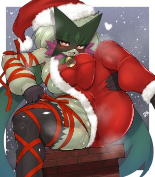 1girl bell black_gloves breasts christmas commentary english_commentary furry furry_female gloves green_hair hat heart heart-shaped_pupils highres large_breasts looking_at_viewer meowscarada neck_bell nintendo open_mouth pants pokemon pussy_juice red_eyes red_hat red_pants santa_costume santa_hat shourin_bonzu sitting smile snow solo sweat symbol-shaped_pupils teeth