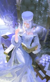 1girl book breasts bug butterfly butterfly_on_hand character_request chessboard cleavage copyright_request curtains drawer dress fur_hat fur_trim hat insect lace_collar long_hair open_drawer quran_(object) reading sawana solo tagme white_dress white_hair