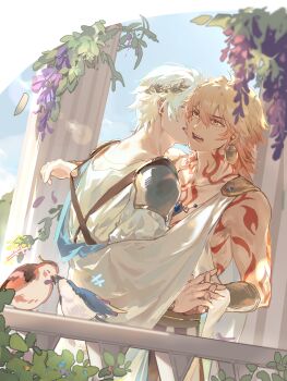 Rule 34 | 2boys, absurdres, ancient greek clothes, antenna hair, architecture, arm tattoo, armor, blonde hair, blue gem, blue sky, braid, chest tattoo, chinese commentary, chiton, closed eyes, commentary request, earrings, ezi6570766, facial tattoo, gem, gold earrings, gold necklace, gold vambraces, gradient hair, greco-roman architecture, greco-roman clothes, highres, holding hands, honkai: star rail, honkai (series), jewelry, licking, male focus, medium hair, multicolored hair, multiple boys, mydei (honkai: star rail), necklace, pauldrons, phainon (honkai: star rail), pillar, red hair, red tattoo, robe, short hair, shoulder armor, side braid, single pauldron, sky, tattoo, white hair, white robe, yaoi, yellow eyes