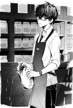 1boy amamiya_ren apron black_apron black_hair black_pants chair coffee_pot glasses greyscale kettle koto_(gamelife506) looking_at_viewer male_focus monochrome pants persona persona_5 short_hair sleeves_rolled_up watch