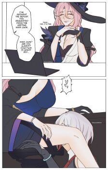 2girls absurdres black_gloves black_hat black_jacket blue_dress blush bracelet breasts cleavage closed_eyes closed_mouth commentary computer desk dress english_text gloves hashtag-only_commentary hat head_between_legs heart highres honkai:_star_rail honkai_(series) imminent_cunnilingus jacket jade_(honkai:_star_rail) jewelry kaoruchihiro laptop large_breasts long_hair multicolored_hair multiple_girls nail_polish pink_hair purple_nails red_hair short_hair sideboob single_glove sitting speech_bubble spoken_heart streaked_hair sweatdrop topaz_(honkai:_star_rail) white_hair yuri