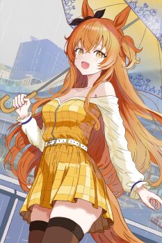 1girl :d absurdres animal_ears bare_shoulders belt blush bow breasts brown_ribbon city collarbone commentary cowboy_shot dating ear_bow ear_ribbon elevated_railway hair_between_eyes heart_belt_buckle highres holding holding_umbrella horse_ears horse_girl horse_tail long_hair long_sleeves looking_at_viewer mayano_top_gun_(umamusume) medium_breasts off-shoulder_shirt off_shoulder open_mouth orange_eyes orange_hair orange_tail outdoors pleated_skirt pov rain ribbon road shirt skirt smile solo street tail thighhighs train two_side_up umamusume umbrella white_belt yasu_da_winci zettai_ryouiki zipper