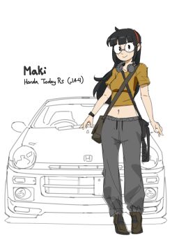 1girl absurdres black_hair blunt_bangs breasts brown_bag brown_eyes brown_shoes car closed_mouth commentary cropped_shirt full_body glasses grey_pants headphones headphones_around_neck highres honda_today long_hair looking_at_viewer maki_(vee_(427deer)) medium_breasts midriff motor_vehicle original pants round_eyewear shirt shoes sketch smile solo symbol-only_commentary vee_(427deer) white_background yellow_shirt