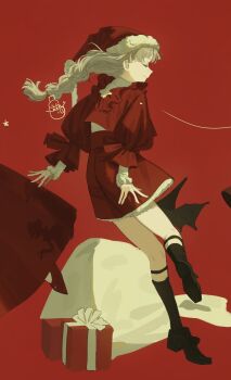 1girl alternate_costume black_shoes black_socks box braid closed_eyes closed_mouth cropped full_body fur-trimmed_headwear fur_trim gift gift_box grey_hair hat highres jacket kneehighs leg_up legwear_garter long_braid long_sleeves miniskirt oji-sama_(ochi4t) profile puffy_long_sleeves puffy_sleeves red_background red_jacket red_skirt reverse:1999 rubuska sack santa_hat shoes single_braid skirt smile socks solo standing standing_on_one_leg