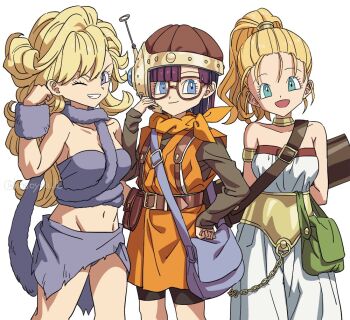 3girls aqua_eyes arms_behind_back artist_name ayla_(chrono_trigger) bag blonde_hair blue_eyes chrono_trigger fur_(clothing) glass hand_on_own_hip helmet hosodayo light_smile lucca_ashtear marle_(chrono_trigger) medium_hair multiple_girls one_eye_closed orange_tunic ponytail purple_eyes purple_hair shoulder_bag simple_background tunic white_background