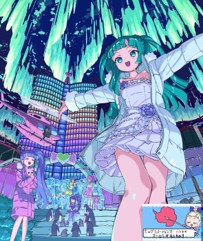 Rule 34 | :d, absurdres, aircraft, aurora, baby, bird, blue coat, blue dress, blue eyes, blunt bangs, blunt ends, building, coat, commentary request, dress, green hair, helicopter, highres, in-universe location, janis (pripara), junon (pripara), kanon (pripara), kishimen hair, long hair, long sleeves, looking at viewer, manaka non, map, masunikuru, night, open clothes, open coat, open mouth, outdoors, outstretched arms, penguin, pink coat, pinon (pripara), pretty series, pripara, purple eyes, purple hair, short dress, sitting, sky, skyscraper, smile, spread arms, stairs, standing, taiyo pepper, translation request, tsukikawa chili, two side up, usacha