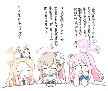 +++ 3girls :d ^_^ animal_ear_fluff animal_ears black_necktie blonde_hair blue_archive blue_bow blush_stickers bow braid brown_hair capelet chibi closed_eyes crescent crown_braid cup dress flower forehead fox_ears hair_bun hair_flower hair_ornament halo holding holding_cup long_hair mika_(blue_archive) miranofuudoria multiple_girls nagisa_(blue_archive) necktie open_mouth parted_bangs pink_hair saucer seia_(blue_archive) simple_background single_side_bun smile sweat translation_request upper_body white_background white_capelet white_dress white_flower white_wings wings