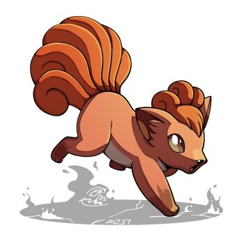 brown_eyes brown_fur extra_tails fox full_body gen_1_pokemon mistray-art nintendo no_humans open_mouth pokemon pokemon_(creature) signature simple_background solo tail vulpix white_background
