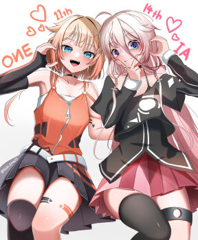 2girls :d absurdres bare_shoulders black_choker black_gloves black_shirt blonde_hair blue_eyes blush breasts cevio character_name choker commentary_request dress elbow_gloves fingerless_gloves gloves gradient_hair hands_up happy heart highres ia_(vocaloid) long_hair looking_at_viewer medium_breasts miniskirt multicolored_hair multiple_girls nishi_snails off-shoulder_shirt off_shoulder one_(cevio) open_mouth orange_hair pink_hair pink_skirt pleated_skirt shirt skirt sleeveless sleeveless_dress small_breasts smile thigh_strap thighs two-tone_dress very_long_hair vocaloid white_hair zipper_dress