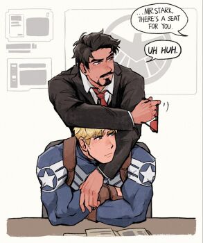 Rule 34 | 2boys, avengers (series), black-framed eyewear, black hair, black jacket, blonde hair, blue bodysuit, blue eyes, bodysuit, border, brown gloves, captain america, chair, closed mouth, collared shirt, covered collarbone, english text, facial hair, fingernails, formal clothes, gloves, grey eyes, holding, holding removed eyewear, holographic monitor, jacket, lapels, long sleeves, looking to the side, male focus, marvel, multiple boys, muscular, muscular male, necktie, on chair, red-tinted eyewear, red necktie, shirt, short hair, sitting, speech bubble, star (symbol), star print, steve rogers, sunglasses, superhero costume, table, tinted eyewear, tony stark, unworn eyewear, weibo 7899261198, white border, white shirt