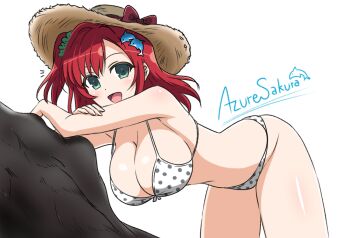 1girl artist_name azuresakura bent_over bikini breasts cleavage commentary_request cowboy_shot dolphin_wave green_eyes hat large_breasts leaning_forward long_hair one_side_up polka_dot polka_dot_bikini red_hair rock sakimiya_iruka smile solo straw_hat sun_hat swimsuit white_bikini