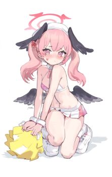 1girl beret black_wings blue_archive blush cheerleader flat_chest halo hat head_wings highres koharu_(blue_archive) loli low_wings midriff millennium_cheerleader_outfit_(blue_archive) mini_wings nemo_(leafnight) pink_eyes pink_hair pleated_skirt pom_pom_(cheerleading) revision shoes signature skirt solo twintails white_shoes wings
