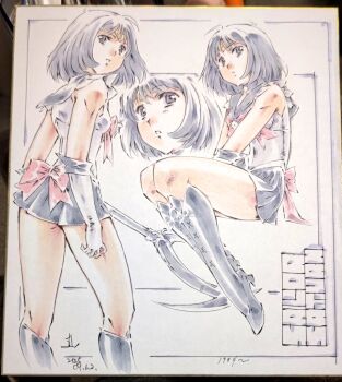 1girl back_bow bishoujo_senshi_sailor_moon black_hair blunt_bangs boots bow brooch character_name choker earrings elbow_gloves gloves hashtag-only_commentary holding jewelry knee_boots moriguchi_nao_(naonao) multiple_views purple_boots purple_eyes purple_sailor_collar purple_skirt sailor_collar sailor_saturn sailor_senshi_uniform silence_glaive skirt star_(symbol) star_brooch star_choker tomoe_hotaru traditional_media white_gloves