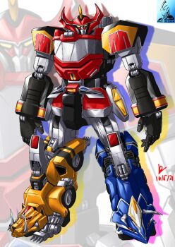 armor daizyuzin dino_megazord full_body gattai holding_cannon horns kyouryuu_sentai_zyuranger machine mecha mighty_morphin_power_rangers no_humans power_rangers pravin_rao_santheran robot science_fiction solo standing super_robot super_sentai tokusatsu yellow_eyes