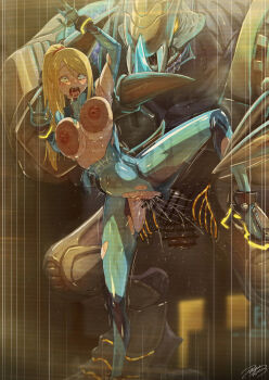 1boy 1girl against_glass ajula_wachula blonde_hair blue_bodysuit bodysuit breast_press breasts breasts_on_glass commentary_request commission constricted_pupils d: highres huge_penis interspecies large_breasts leg_up metroid monster nintendo nipples open_mouth penis ponytail rape samus_aran sex sex_from_behind skeb_commission testicles torn_bodysuit torn_clothes zero_suit