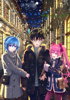 1boy 2girls arm_hug blue_eyes blue_hair breath ciel_(tsukihime) coat commentary_request dead_apostle_noel_(tsukihime) glasses grey_eyes highres long_hair looking_at_another multiple_girls night noel_(tsukihime) okuribi open_mouth pink_hair red_eyes smile snowing tohno_shiki tsukihime twintails winter