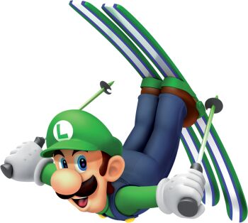 1boy 3d arms_up blue_eyes blue_overalls brown_hair brown_shoes buttons newsboy_cap clothes_writing facial_hair full_body gloves green_hat green_shirt happy hat holding_ski_pole jumping legs_together long_sleeves looking_at_viewer luigi male_focus mario_&amp;_sonic_(series) mario_&amp;_sonic_at_the_olympic_winter_games mario_(series) mustache nintendo official_art open_mouth outstretched_arms overalls shirt shoes short_hair simple_background ski_pole skiing skis smile solo teeth third-party_source tongue transparent_background upside-down white_gloves