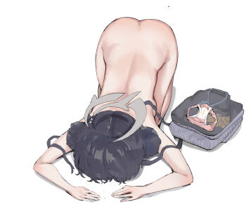 1girl all_fours apologizing back black_dress black_hair blue_archive braid braided_bun china_dress chinese_clothes clothes_on_floor completely_nude dogeza double_bun dragon_print dress female_focus folded_clothes full_body hair_bun halo highres humiliation kisaki_(blue_archive) kneeling loli long_hair mh2en naked_dogeza nude on_floor panties pee_stain print_dress prostration solo stained_panties submission twintails underwear unworn_clothes unworn_panties