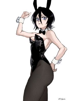 1girl animal_ears artist_name bare_shoulders black_hair black_leotard bleach bow breasts collarbone cuffs fake_animal_ears fake_bunny_ears female_focus highres kuchiki_rukia leotard looking_at_viewer medium_hair p_glansk pantyhose petite playboy_bunny simple_background small_breasts smile strapless strapless_leotard white_background white_wrist_cuffs wrist_cuffs
