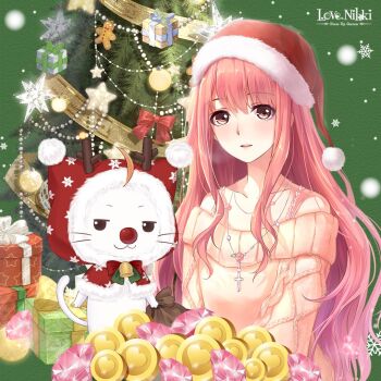 1boy 1girl animal_costume bag bare_shoulders blush box brown_eyes cat christmas christmas_tree cloak coin commentary copyright_name cross cross_necklace diamond_(gemstone) english_commentary gift gift_box gold_coin hat holding holding_bag jewelry long_hair looking_at_viewer miracle_nikki momo_(nikki) necklace nikki_(nikki) nikki_(series) official_art parted_lips pink_hair red_cloak reindeer_costume santa_hat snowflakes snowing sweater white_cat