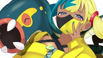 1girl absurdres aqua_hair aqua_nails bandeau black_mask blonde_hair blue_skin canari_(pokemon) closed_eyes colored_sclera colored_skin criss-cross_halter eel eelektross fangs fangs_out fish gen_5_pokemon half-closed_eyes halterneck highres jacket lamprey mask mega_ring mega_stone mouth_mask multicolored_hair nintendo pokemon pokemon_(creature) pokemon_legends:_z-a raised_eyebrows red_sclera short_twintails split-color_hair takahashi_(brokenrobo) twintails two-tone_mask upper_body yellow_bandeau yellow_jacket yellow_mask yellow_trim zipper_pull_tab