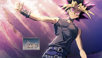 1boy bare_shoulders belt black_hair black_shirt blonde_hair blue_pants commentary cowboy_shot death_battle english_commentary highres male_focus medium_hair muto_yugi pants purple_eyes purple_hair shirt sleeveless sleeveless_shirt solo sonic1nstinct spiked_hair thumbs_up yu-gi-oh!