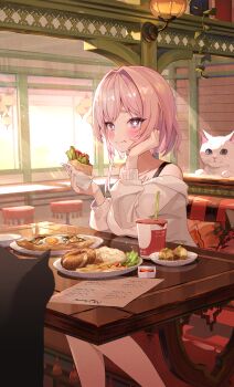 Rule 34 | + +, 1girl, absurdres, animal, black cat, blue eyes, blush, booth seating, bra strap, breasts, cat, closed mouth, commentary, cup, day, disposable cup, doner kebab, eating, feet out of frame, food, food on face, food request, foodgasm, french fries, fried egg, furrowed brow, green nails, hand on own cheek, hand on own face, highres, holding, holding food, indoors, large breasts, looking at viewer, mashed potatoes, multicolored nails, off-shoulder sweater, off shoulder, original, pink hair, red nails, restaurant, short eyebrows, sitting, solo, sweater, untranslatable commentary, tamagonezu, thick eyebrows, two-tone nails, very long fingernails, wavy mouth, white cat, white sweater, window