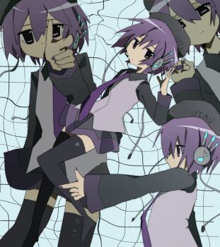 Rule 34 | 1girl, abstract background, closed mouth, expressionless, grey hat, grey skirt, grey sleeves, hashtag-only commentary, hat, headphones, headpiece, highres, necktie, purple eyes, purple hair, purple nails, purple necktie, purple skirt, shirt, short hair, skirt, solo, utane uta, utau, uuuuua07