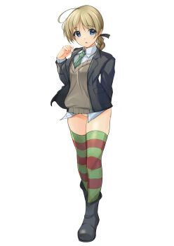 1girl absurdres ahoge bad_source black_jacket blazer blue_eyes braid brown_hair collared_shirt commentary_request crotch_seam dress_shirt full_body green_neckerchief green_thighhighs grey_sweater highres jacket lynette_bishop multicolored_thighhighs neckerchief no_pants panties shirt shirt_under_sweater simple_background single_braid solo strike_witches sweater thighhighs underwear white_background white_panties white_shirt world_witches_series yashin_(yasinz)