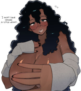 1girl \||/ arm_warmers black_hair black_nails breasts broccoli_(ohasi) cleavage commentary covering_breasts covering_privates dark-skinned_female dark_skin english_text face_piercing fingernails furrowed_brow glasses grey_arm_warmers half-closed_eyes hands_up kinky_hair large_breasts light_areolae lip_piercing long_hair looking_at_viewer nail_polish nipple_slip nipples nose_piercing nostril_piercing ohasi original outstretched_hand parted_lips piercing round_eyewear side_labret_piercing simple_background sleeves_past_wrists smile solo sweat symbol-only_commentary thick_lips topless_female upper_body very_dark_skin white_background