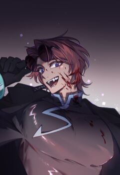 1boy blood blood_on_clothes blood_on_face brown_hair cinq_association_east_uniform eyewear_on_head heathcliff_(project_moon) jade_bracelet large_pectorals limbus_company looking_at_viewer male_focus mercuryhx open_mouth parted_bangs pectorals project_moon purple_eyes smile solo sunglasses upper_body wide-eyed