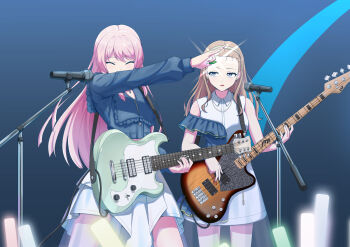 Rule 34 | 2girls, anglediana, animal ears, bang dream!, bang dream! it's mygo!!!!!, bass guitar, blue eyes, blue jacket, blush, chihaya anon, closed eyes, electric guitar, esp guitars, forehead, grey hairband, guitar, guitar strap, hairband, highres, holding, holding phone, instrument, jacket, long hair, long sleeves, microphone, microphone stand, multiple girls, multiple others, nagasaki soyo, open mouth, phone, pink hair, revision, skirt, white background, white skirt